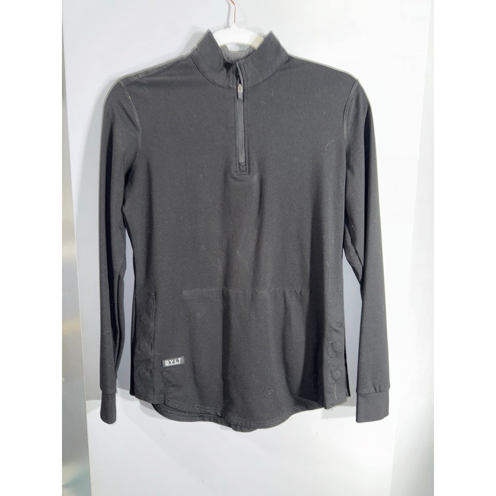 BYLT black athletic jacket magnetic close side slits 1/4 zip front pocket XS